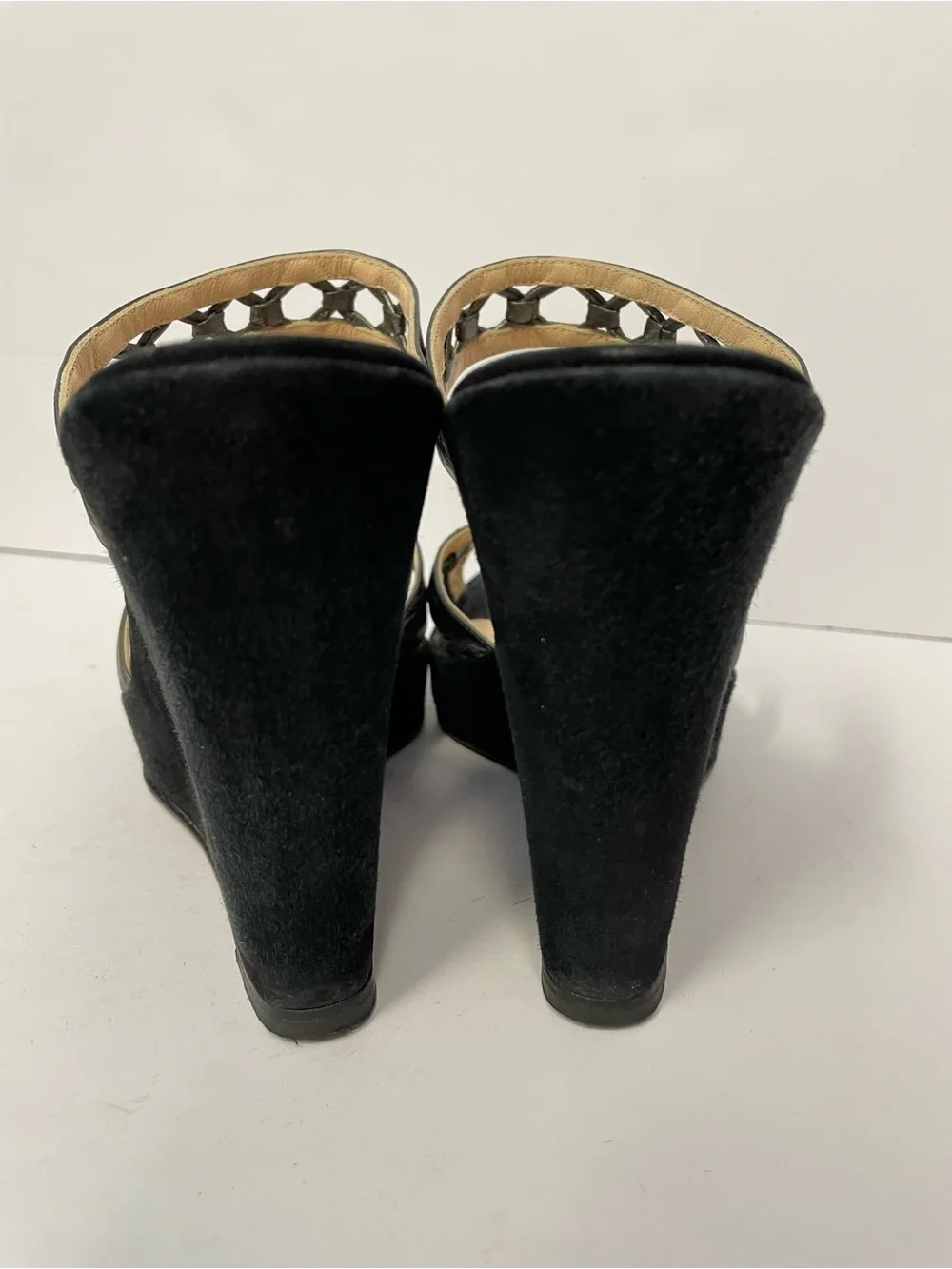 Christian Louboutin Black Suede and Metallic Grey Wedge Sandals